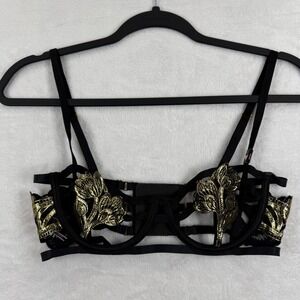 Victorias Secret Black Gold Metallic Floral Embroidered Strappy Balconet Bra 32C